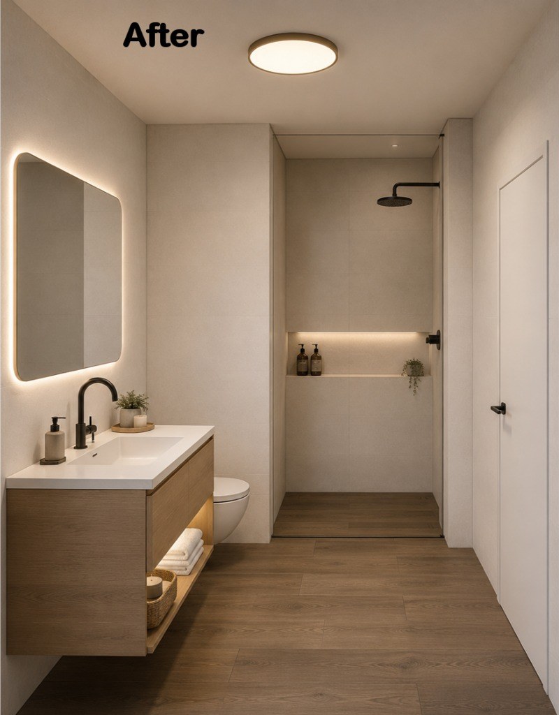 Bathroom after: warm wood floor, timber vanity, backlit mirror and a walk-in shower