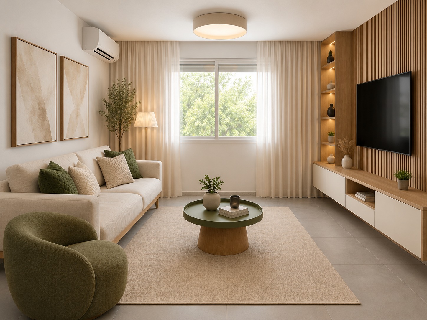 Living room design with a neutral sofa, olive accent chair and a slatted wood media wall