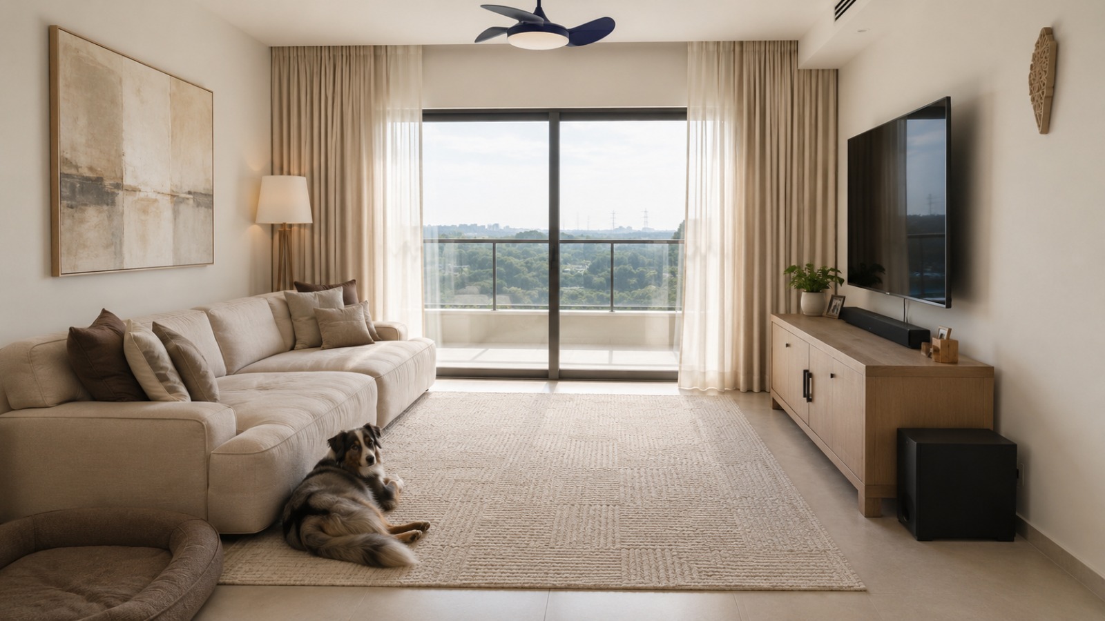 Sunlit living room with a soft sectional, a balcony view and a rug the family dog is resting on